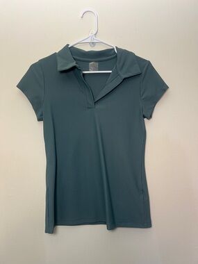 CALIA Ribbed Short-Sleeve Polo Tee in Dusty Teal